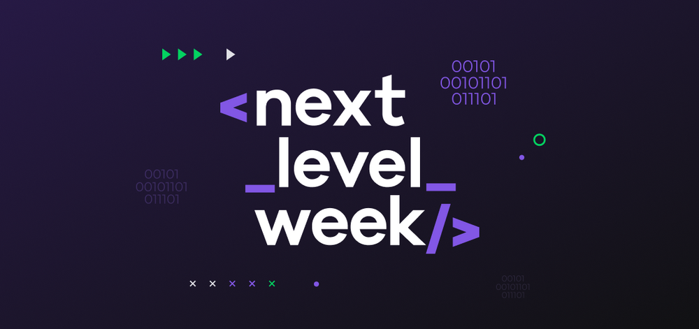 Logotipo do evento next level week em referência aos comandos de código <next_level_week/> em um fundo roxo
